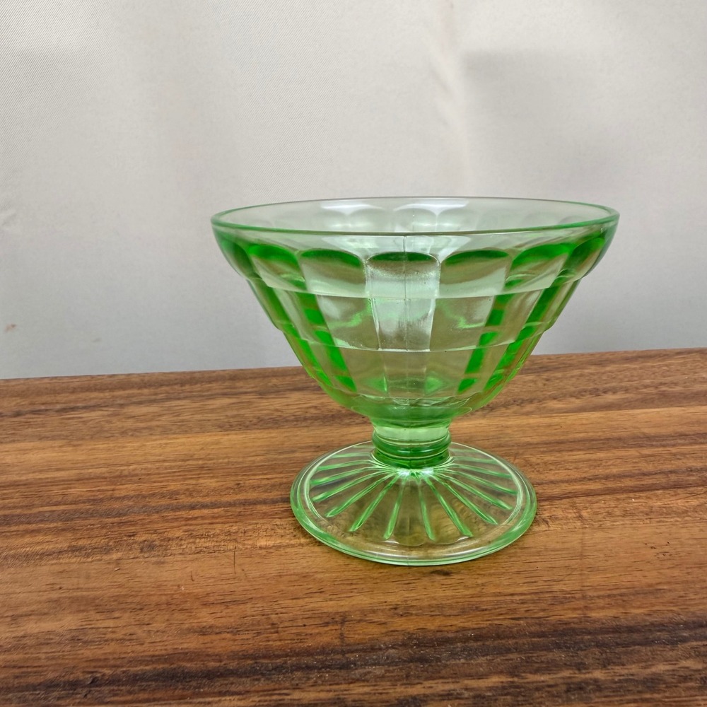 Anchor Hocking Block Optic Green Uranium Glass Sherbet Bowl Footed Dessert Dish